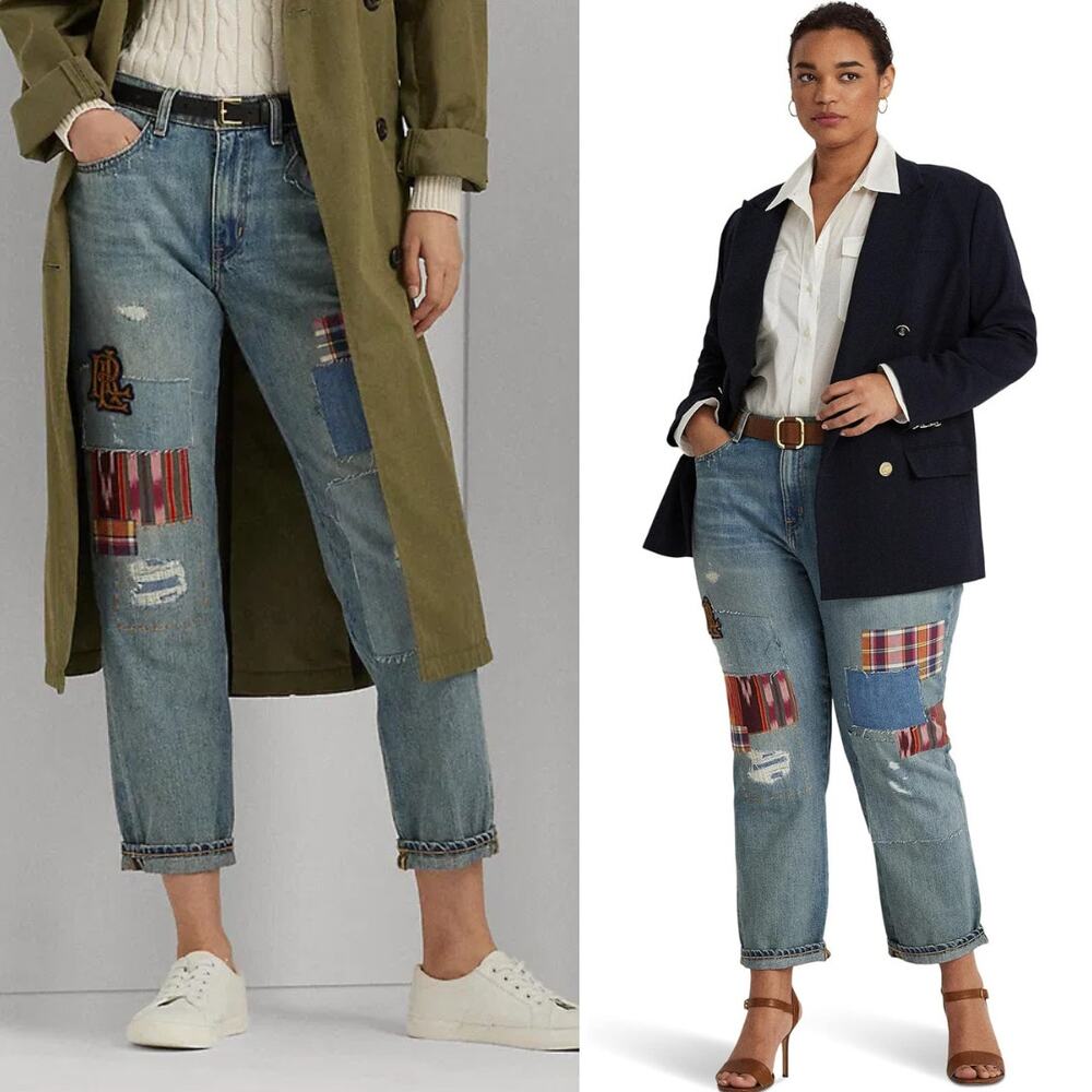 NEW Lauren Ralph Lauren Patchwork Relaxed Tapered Jeans Skye Wash Plus Size 16